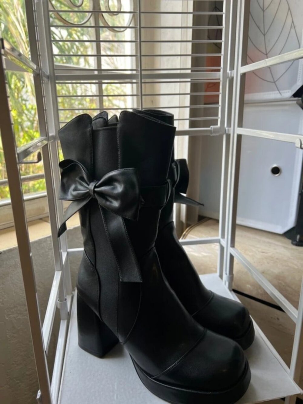 Women Round Toe Chunky Heel Mid Calf Bow Booties